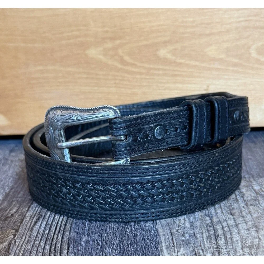 Vtg Vogt Black Leather Western Belt 46 Basketweave Tooled Silver Engraved Buckle